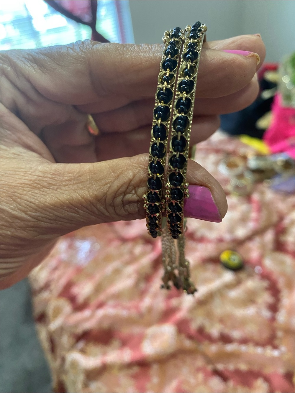 Black and Gold Beaded Chain Bangles - Women Jewelry
